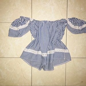 Blue off the shoulder blouse white stripes lace